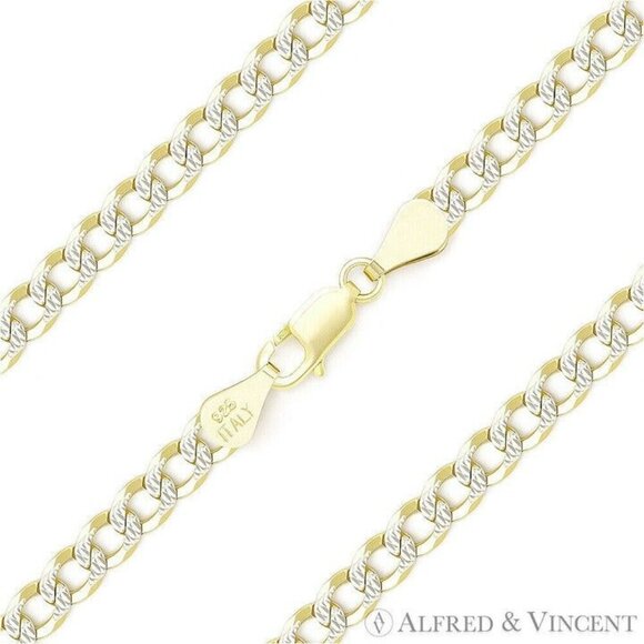 4.3mm Cuban Link D-Cut Chain Bracelet in .925 Sterling Silver w/ 14k Y-Gold - 8" - Picture 1 of 1